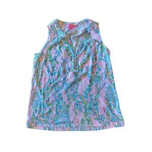 Lilly Pulitzer Pink & Green Tropical Floral Smocked Button Front Tank Top Small